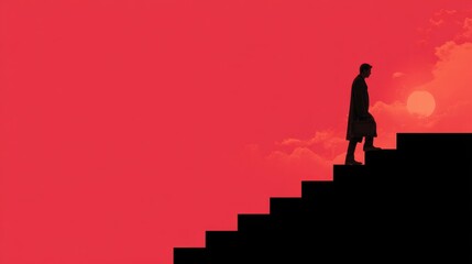 Man Ascending Stairway Silhouette: A solitary man silhouette strides resolutely up a long, dark staircase against a fiery sunset, symbolizing ambition and the pursuit of dreams.