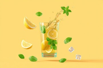 A glass of lemon juice with fresh lemon slices splashing into it
