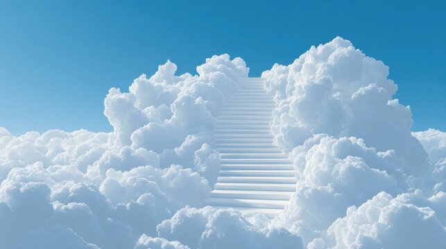 Stairway to Serenity: A celestial pathway ascends into a vibrant blue sky, suggesting aspiration and a journey toward enlightenment. Clouds softly frame the stairs, creating a tranquil dreamscape.