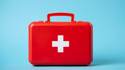 Obraz premium Red Closed First Aid Kit Box with White Cross Symbol on a Blue Background, Signifying Emergency Preparedness, Medical Readiness, and Healthcare Safety.