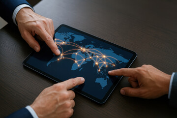 Two people pointing at digital tablet showing world map with glowing connection lines representing global free trade agreement talk and network communication