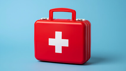 Fototapeta premium Red Closed First Aid Kit Box with White Cross Symbol on a Blue Background, Signifying Emergency Preparedness, Medical Readiness, and Healthcare Safety.