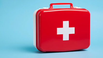 Obraz premium Red Closed First Aid Kit Box with White Cross Symbol on a Blue Background, Signifying Emergency Preparedness, Medical Readiness, and Healthcare Safety.