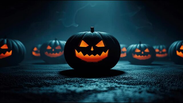  large group of pumpkins with carved faces glows in the dark, illuminated by candles against horizontal smoke or fog effect  graveyard night view spooky, Halloween party decoration horror  