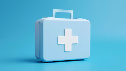 Fototapeta premium Red Closed First Aid Kit Box with White Cross Symbol on a Blue Background, Signifying Emergency Preparedness, Medical Readiness, and Healthcare Safety.