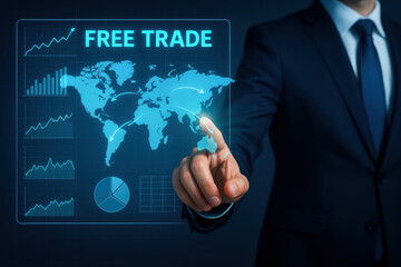 Free trade agreement talk concept with person pointing at digital world map showing trade routes and economic charts in futuristic business environment
