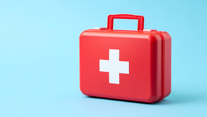 Fototapeta premium Red Closed First Aid Kit Box with White Cross Symbol on a Blue Background, Signifying Emergency Preparedness, Medical Readiness, and Healthcare Safety.