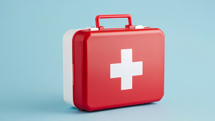Obraz premium Red Closed First Aid Kit Box with White Cross Symbol on a Blue Background, Signifying Emergency Preparedness, Medical Readiness, and Healthcare Safety.