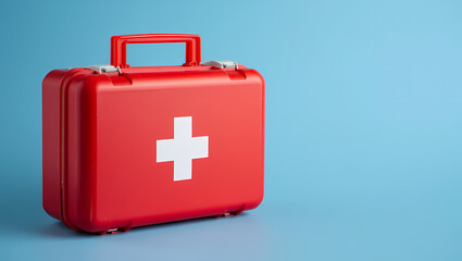 Obraz premium Red Closed First Aid Kit Box with White Cross Symbol on a Blue Background, Signifying Emergency Preparedness, Medical Readiness, and Healthcare Safety.