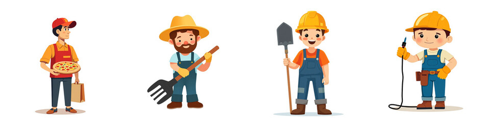 Collection of character illustrations representing various professions: pizza delivery, farmer, construction worker, and technician 