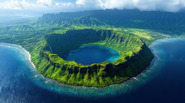 Dramatic volcanic caldera, lush green landscape - Powered by Adobe