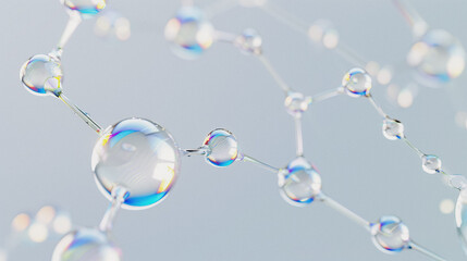 Clean molecular network background with transparent iridescent spheres on light gradient, AI generated