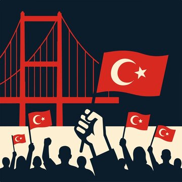 15 July Turkish Democracy Resistance with Bosphorus Bridge and Crowd Holding Flags in Minimalist Patriotic Colors