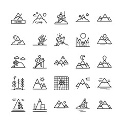 Mountain hiking line icons set featuring climbers, trails, peaks, sun, flags, forests, and nature scenes.