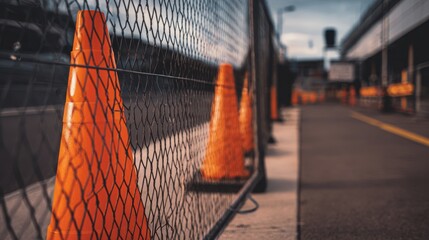 Orange traffic cones lined along a construction site path with a blurred background of buildings