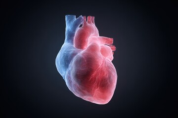 A detailed rendering showcasing a human heart model, highlighting blood circulation and cardiac function within a medical or scientific context.