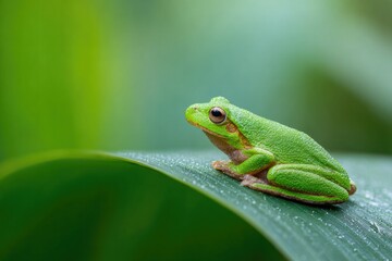 Naklejka premium Vibrant green frog perched gracefully on lush leaf, showcasing n