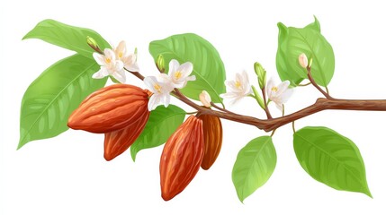 Cacao Tree Branch with Ripe Cocoa Pods and Delicate White Flowers on Lush Green Leaves