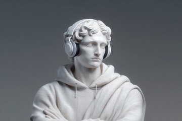 A detailed sculpture showcasing modern youth culture, representing the fusion of classic art and contemporary music with digital headphones