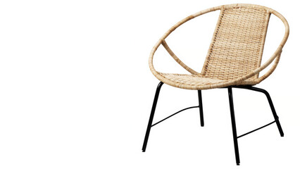 Decorative wicker chair featuring a round design and metal frame in a minimalist style for indoor or outdoor use.