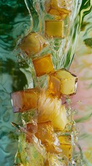 Close-up of colorful, cubed sweets suspended in liquid.