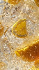 Close-up view of citrus slices in ice cubes.
