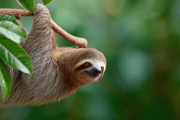 Hanging sloth enjoys lush greenery, showcasing its unique featur