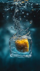 Vibrant lemon slice encased within a captivating ice cube, submerged in water.
