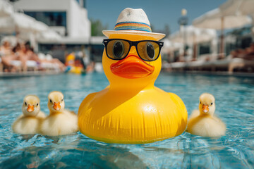 Fun Summer Pool Rubber Duck. A rubber duck with sunglasses in a pool. Ideal for summer-themed designs or vacation promotions.