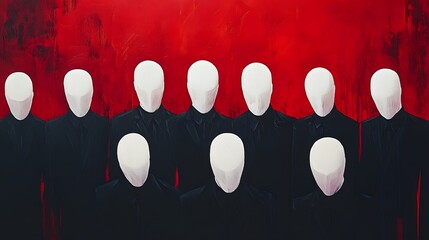 A row of figures in dark suits against a red backdrop.