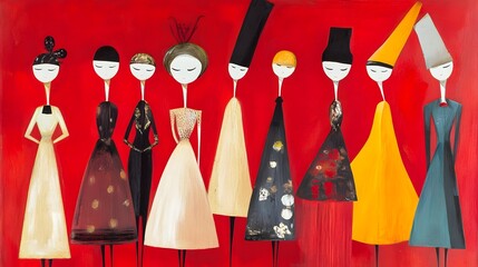 A row of stylized figures in colorful attire against a bold red backdrop.