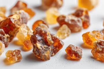 Translucent amber pieces glisten under soft light, showcasing un