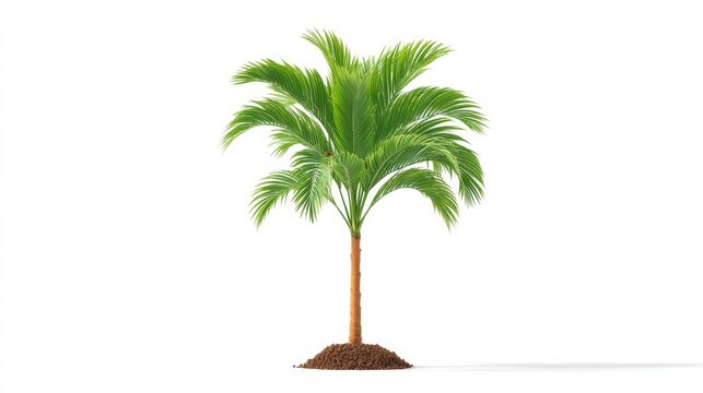 Coconut Tree Seedling with Vibrant Green Leaves Growing from Rich Soil on a White Background