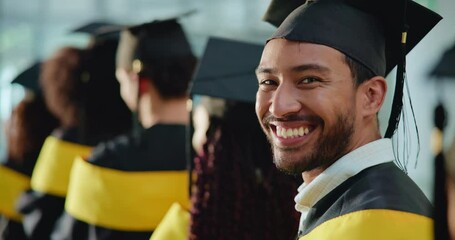 Students, happy man and face at event for graduation, academic achievement or peers applause. University, person and line at award ceremony for acknowledgement, milestone or excited for development