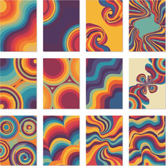 Obraz premium Create a kinds of deferent Collection of 70s color gradient poster background vector. Set of retro wall decoration, groovy, trippy, geometric shape. vector art with white background.