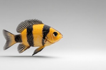 Vibrant tropical fish with bold black and yellow stripes swimming gracefully, showcasing intricate fin details