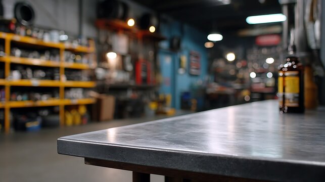 Foreground metal workbench with blurred automotive repair shop background and shelves of supplies