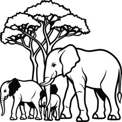 Fototapeta premium Family of elephants walking under an acacia tree silhouette