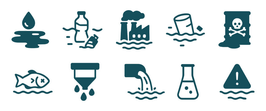 Water pollution and contamination icon set showing hazardous waste, chemical spills, and dirty environments.