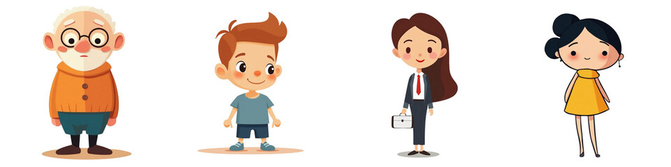 Collection of character illustrations depicting different ages and styles: senior, child, professional, and woman 
