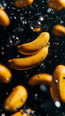 Fresh bananas suspended in water, with bubbles.