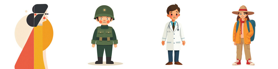 Collection of character illustrations representing various professions and styles 
