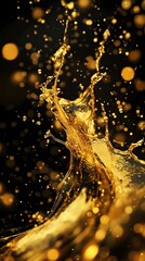 Golden liquid splash against a dark background.