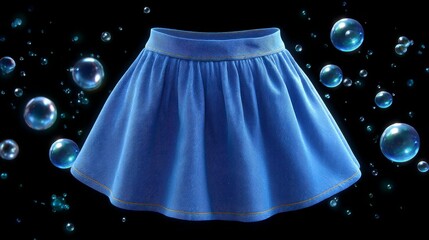 Floating Blue Denim Skirt with Zebra Pattern Surrounded by Bubbles against a Dark Background