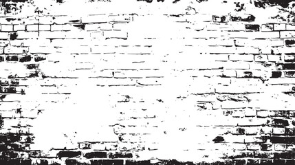 A black and white image of a distressed brick wall with visible damage and varying shades of gray
