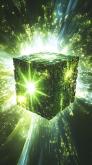 A large, green, cube-shaped object surrounded by radiating light.