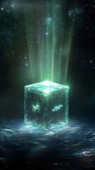 Glowing cube with ethereal symbols in a dark space.