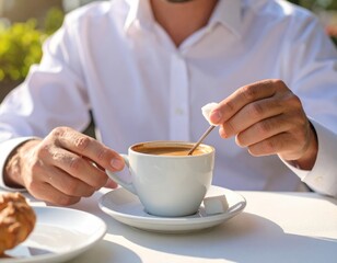 Man Adding Sugar To Coffee Outdoors