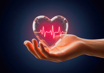 Pulse of Prevention: Hand cradles 3D transparent heart with cardiogram, urging proactive cardiovascular health.