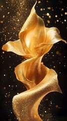 Golden flower-like shape in motion against a dark background.